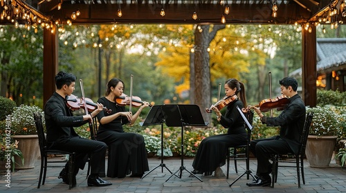 A string quartet plays in an outdoor setting. The photo can be used for wedding photography or any event that requires a classy and elegant background.