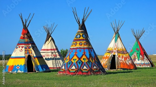 A group of colorful tipis set against a clear blue sky in a grassy landscape. photo