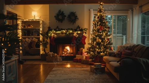 Wallpaper Mural house with christmas decorated fireplace next to christmas tree Torontodigital.ca