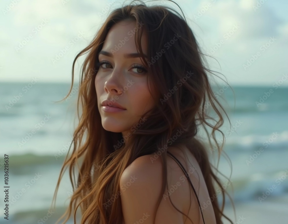 A brunette woman in a swimsuit gazes back while standing near the shoreline. Gentle sea waves lap at her feet under a clear blue sky. Long hair, beautiful young face. Travel and clothing adverts. AI A brunette woman in a swimsuit gazes back while standing near the shoreline. Gentle sea waves lap at her feet under a clear blue sky. Long hair, beautiful young face. Travel and clothing adverts. AI