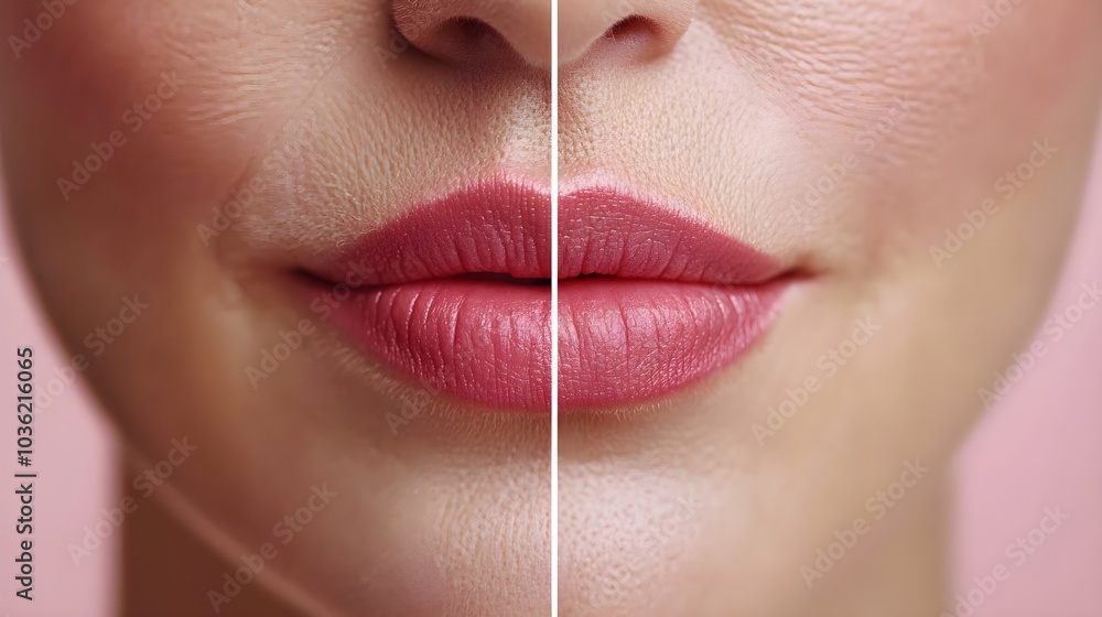 Obraz premium Senior woman's facial transformation, aging lips with wrinkles turning into fuller, youthful lips with smooth, radiant skin