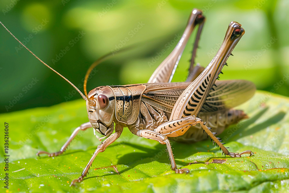 The cricket sat on a leaf, belonging to the Orthoptera order. The cricket sat on a leaf, belonging to the Orthoptera order.