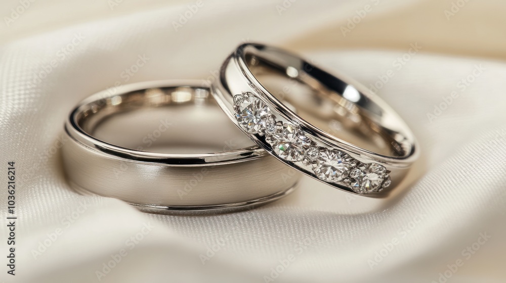 Two wedding rings on a soft fabric background, symbolizing love and commitment. Two wedding rings on a soft fabric background, symbolizing love and commitment.