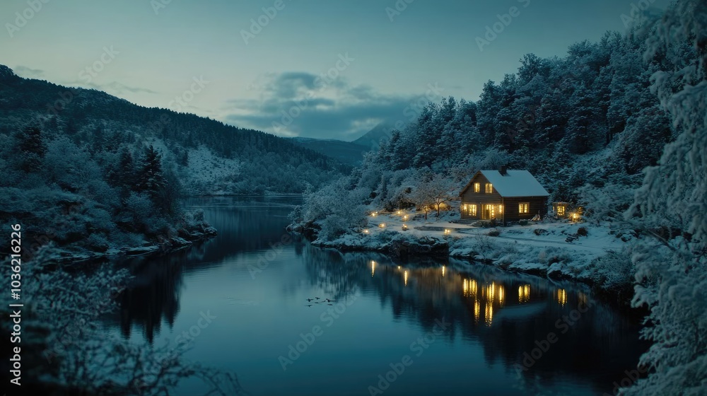 Fototapeta premium A small wooden house stands serene by a frozen lake, surrounded by frosty trees under a night sky, creating a warm, inviting atmosphere