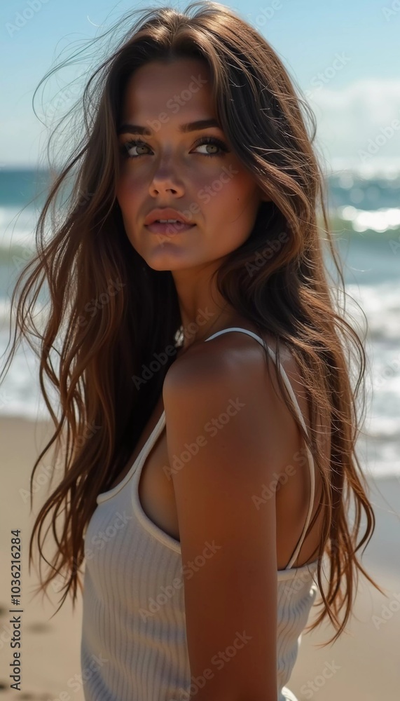 A brunette woman in a swimsuit gazes back while standing near the shoreline. Gentle sea waves lap at her feet under a clear blue sky. Long hair, beautiful young face. Travel and clothing adverts. AI A brunette woman in a swimsuit gazes back while standing near the shoreline. Gentle sea waves lap at her feet under a clear blue sky. Long hair, beautiful young face. Travel and clothing adverts. AI