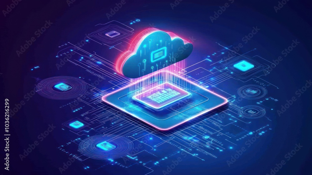 © upnowgraphics - Cloud Computing Data Transfer to a CPU with Neon Lines © upnowgraphics - Cloud Computing Data Transfer to a CPU with Neon Lines