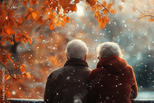 Elderly couple enjoying a quiet moment together under falling snowflakes amidst autumn foliage