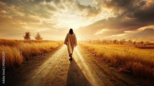 A man walks down a dusty road towards the setting sun in a field of golden grass