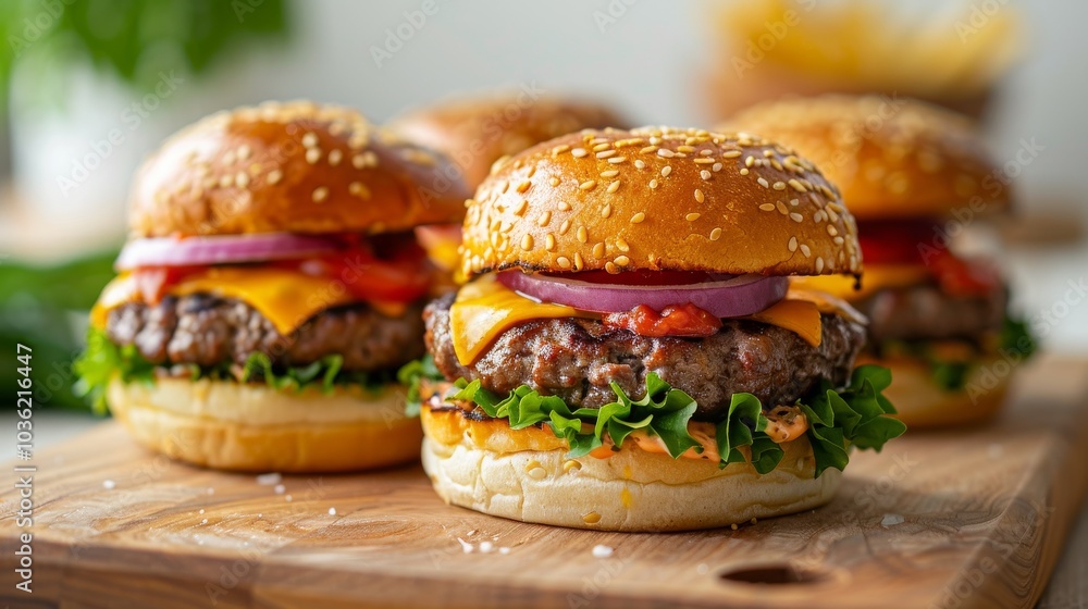 Cheeseburger sliders on a wooden table, white background Cheeseburger sliders on a wooden table, white background