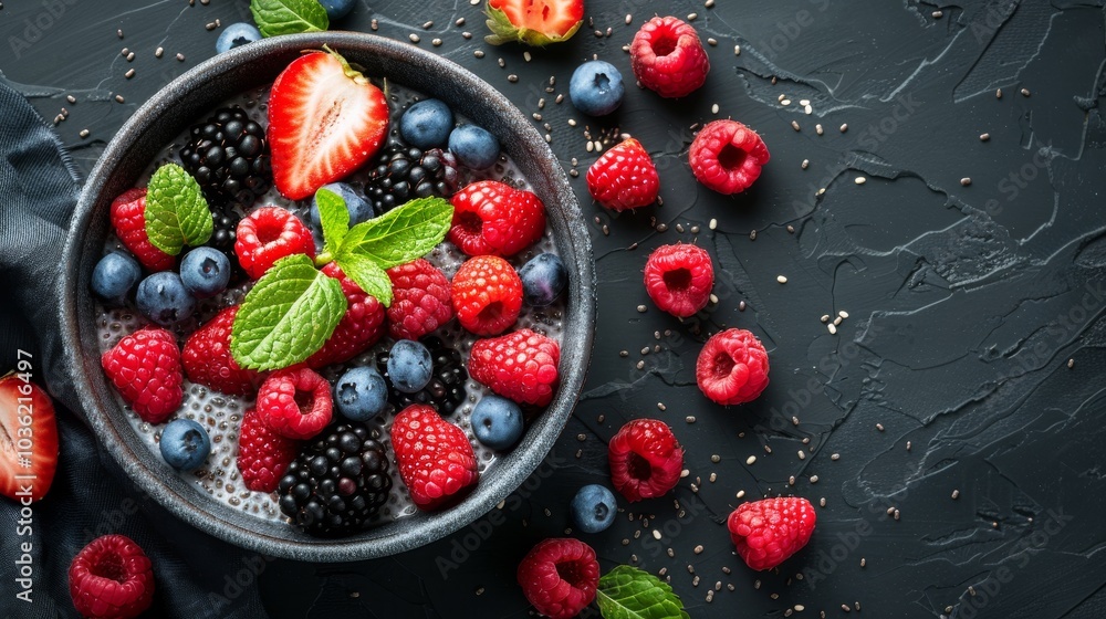 Chia pudding with fresh berries and mint on a dark textured table, flat lay Chia pudding with fresh berries and mint on a dark textured table, flat lay