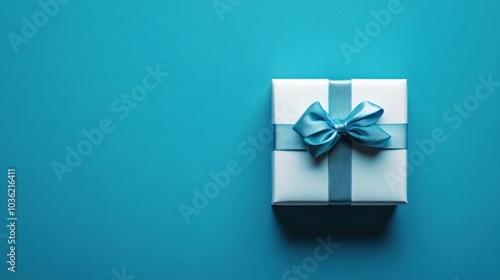 A neatly wrapped white gift box with a blue ribbon and bow on a teal background.