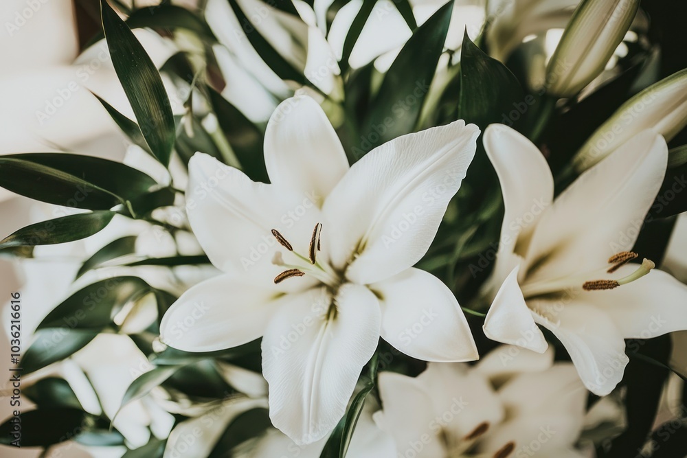 Close-up of a White Lily with Green Leaves Close-up of a White Lily with Green Leaves