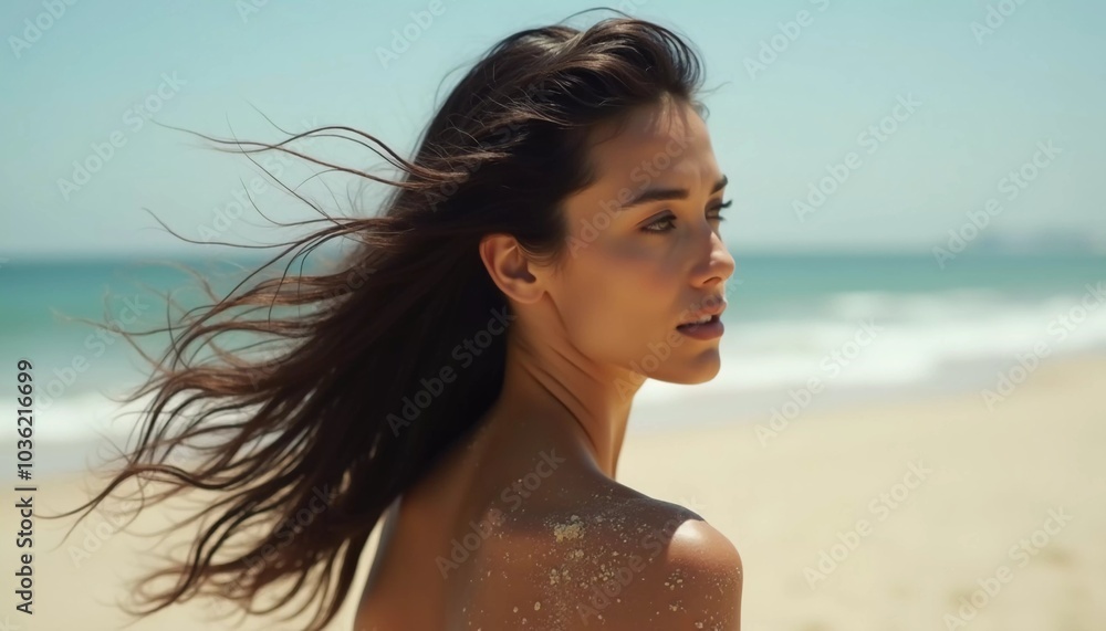 A brunette woman in a swimsuit gazes back while standing near the shoreline. Gentle sea waves lap at her feet under a clear blue sky. Long hair, beautiful young face. Travel and clothing adverts. AI A brunette woman in a swimsuit gazes back while standing near the shoreline. Gentle sea waves lap at her feet under a clear blue sky. Long hair, beautiful young face. Travel and clothing adverts. AI