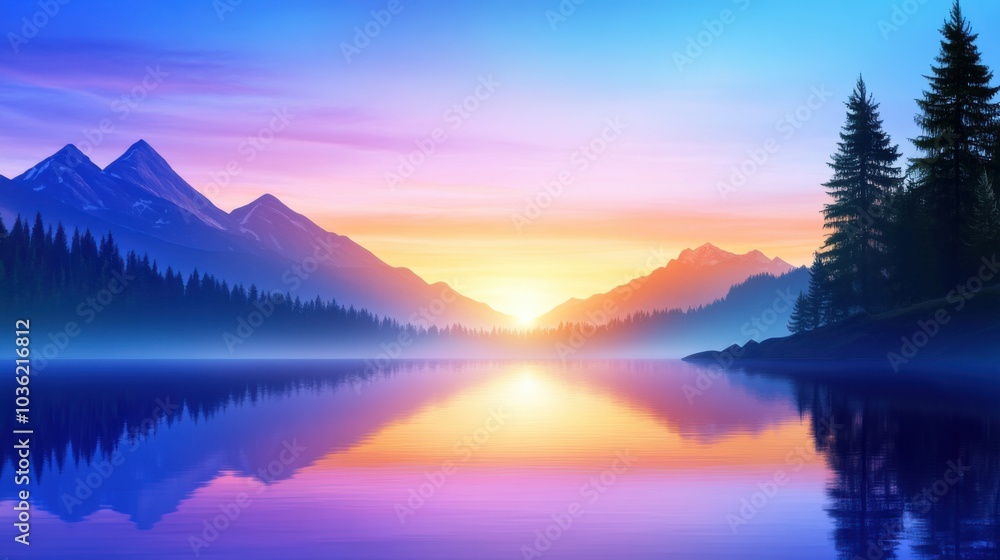 Stunning sunset over a tranquil lake surrounded by majestic mountains and trees. Stunning sunset over a tranquil lake surrounded by majestic mountains and trees.