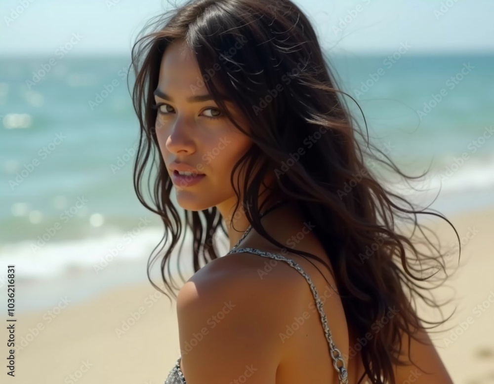 A brunette woman in a swimsuit gazes back while standing near the shoreline. Gentle sea waves lap at her feet under a clear blue sky. Long hair, beautiful young face. Travel and clothing adverts. AI A brunette woman in a swimsuit gazes back while standing near the shoreline. Gentle sea waves lap at her feet under a clear blue sky. Long hair, beautiful young face. Travel and clothing adverts. AI