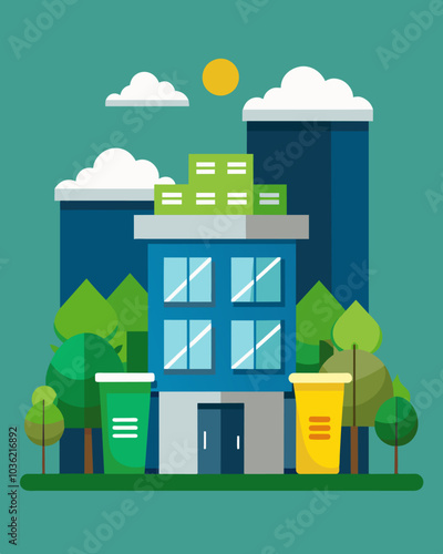 An office building with separate bins for paper plastic and food waste encouraging employees to reduce their environmental footprint.. Vector illustration