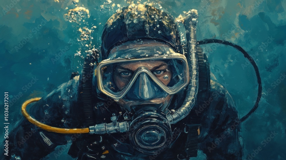 A diver explores underwater, surrounded by bubbles and oceanic depth. A diver explores underwater, surrounded by bubbles and oceanic depth.