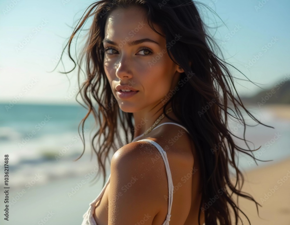 A brunette woman in a swimsuit gazes back while standing near the shoreline. Gentle sea waves lap at her feet under a clear blue sky. Long hair, beautiful young face. Travel and clothing adverts. AI A brunette woman in a swimsuit gazes back while standing near the shoreline. Gentle sea waves lap at her feet under a clear blue sky. Long hair, beautiful young face. Travel and clothing adverts. AI