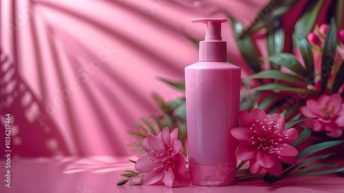 pink cosmetic cream and bottle Generated AI