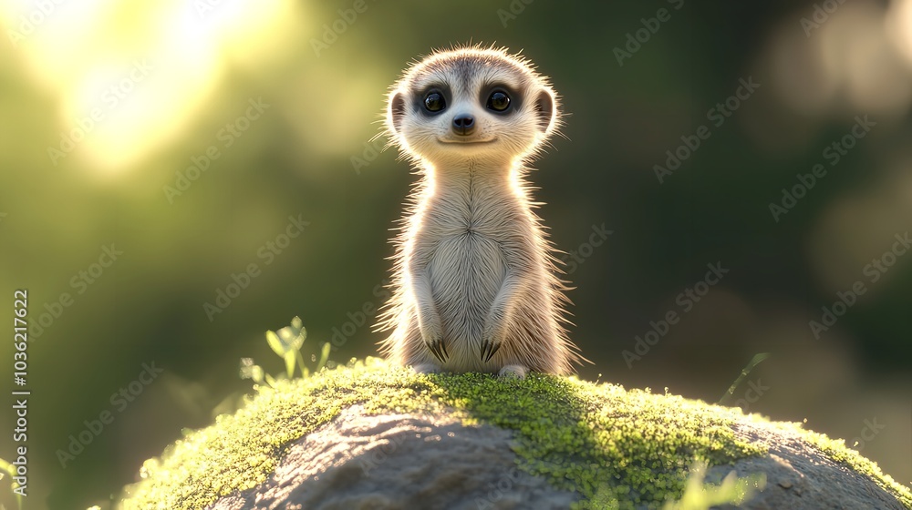 Fototapeta premium 3D Cute Baby Meerkat Standing on a Pastel Green Hill for Playful Animal Decor
