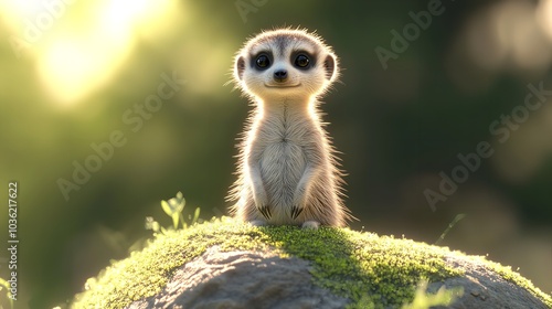 Wallpaper Mural 3D Cute Baby Meerkat Standing on a Pastel Green Hill for Playful Animal Decor Torontodigital.ca