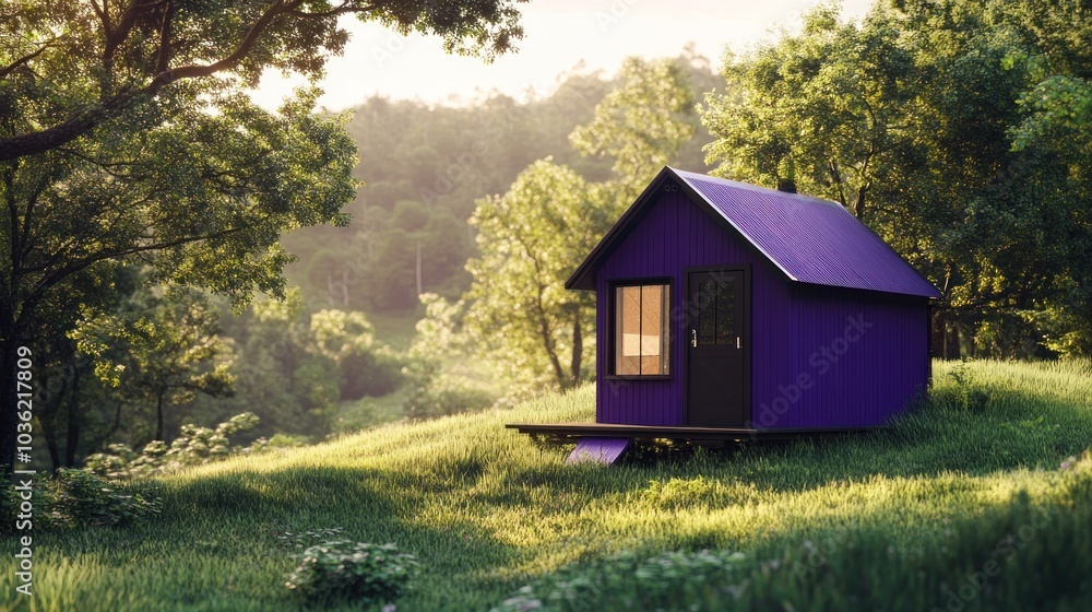 A small purple house surrounded by lush greenery in a tranquil landscape. A small purple house surrounded by lush greenery in a tranquil landscape.