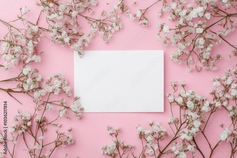 White Flowers Surrounding a Blank White Card on a Pink Background White Flowers Surrounding a Blank White Card on a Pink Background