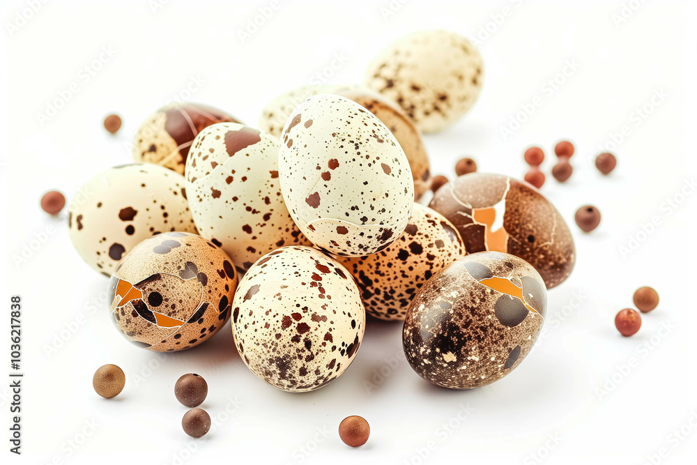 Obraz premium The quail eggs and shells are isolated on a white background