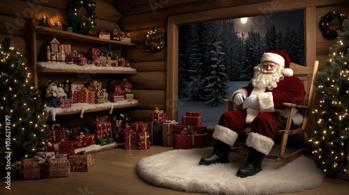 Santa Claus enjoys hot chocolate in a warm wooden workshop filled with Christmas gifts, decorations, and tools during winter festivities