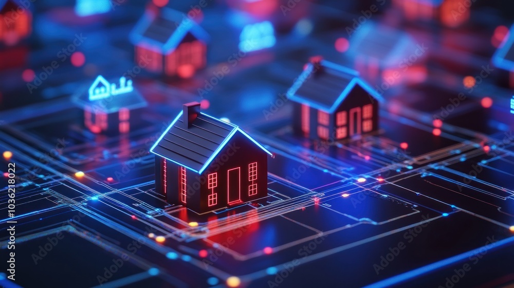 A digital representation of houses interconnected by circuits, symbolizing smart technology. A digital representation of houses interconnected by circuits, symbolizing smart technology.