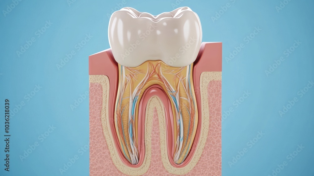 Cross-section of a tooth showing structure and anatomy, including roots and nerves. Cross-section of a tooth showing structure and anatomy, including roots and nerves.