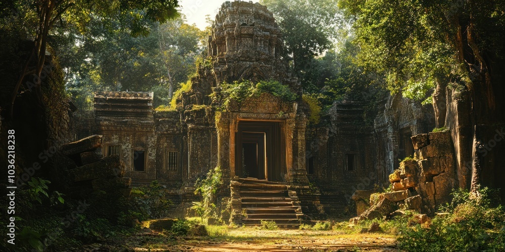 Ancient stone temple with overgrown trees in the jungle. Ancient stone temple with overgrown trees in the jungle.