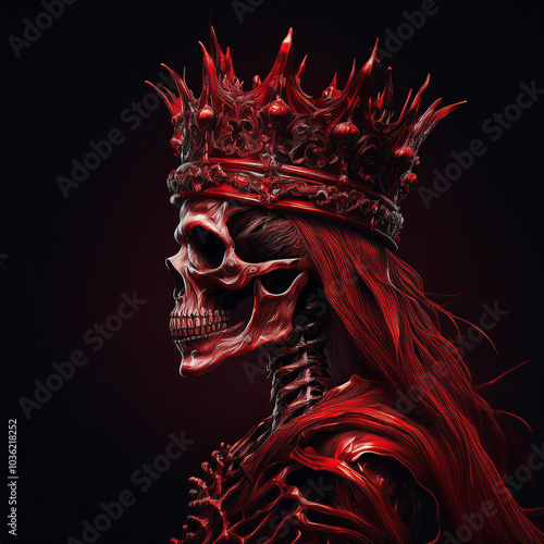 A striking red flowing skeleton adorned with a spiked black crown, set against a dark, moody backdrop.