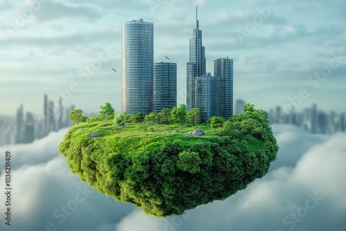 A futuristic cityscape featuring skyscrapers surrounded by lush greenery floating above the clouds at dawn #1036218409