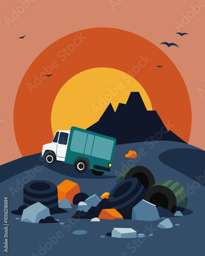 As the sun began to set the glint of metal and the rumble of truck tires could be seen and heard as more waste was carelessly dumped into the already overflowing landfill.. Vector illustration