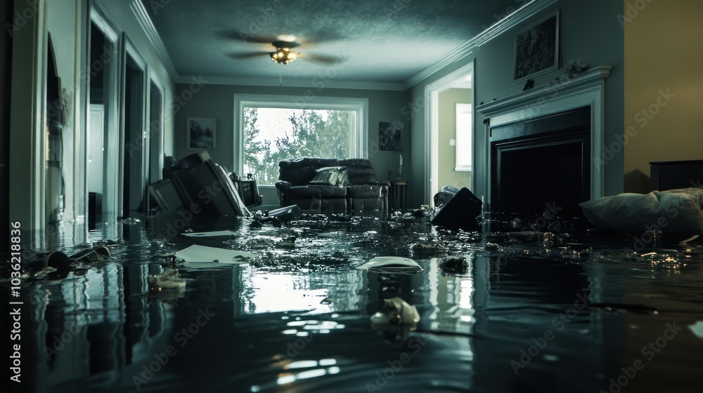 A flooded living room with furniture and debris submerged in water. A flooded living room with furniture and debris submerged in water.