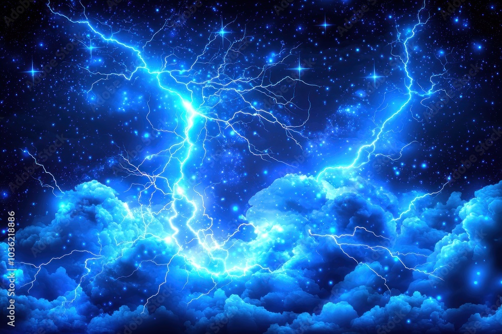 Blue Lightning Bolts Striking Through Dark Clouds and Stars Blue Lightning Bolts Striking Through Dark Clouds and Stars
