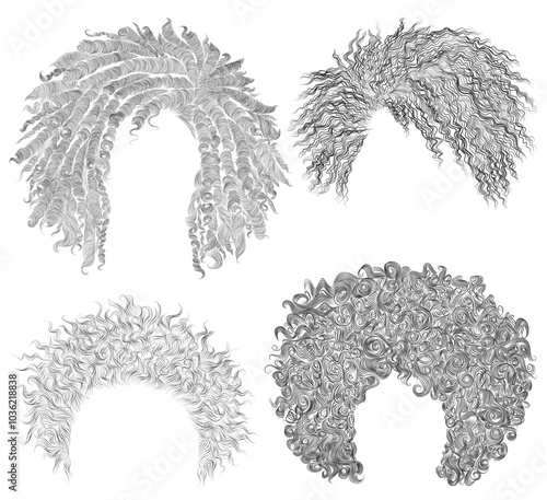 set of  different afro  hairstyle.
 round disheveled curly hairs .
 fashion beauty african style.pencil drawing sketch .
