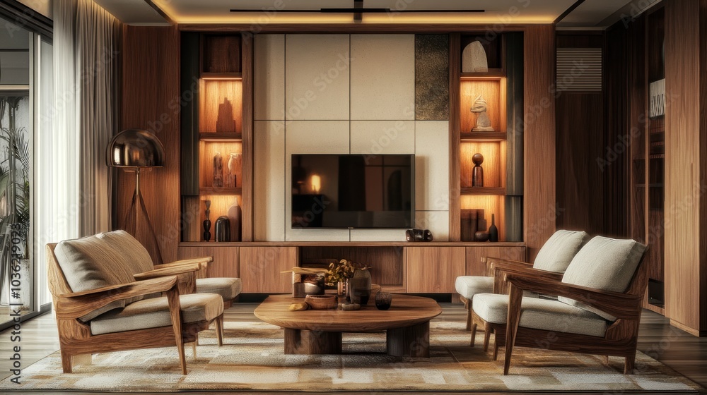 A modern living room featuring wooden furniture, a TV, and decorative shelves. A modern living room featuring wooden furniture, a TV, and decorative shelves.
