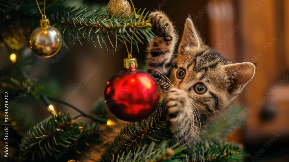 cat playing with christmas ball on a tree inside a house cat playing with christmas ball on a tree inside a house
