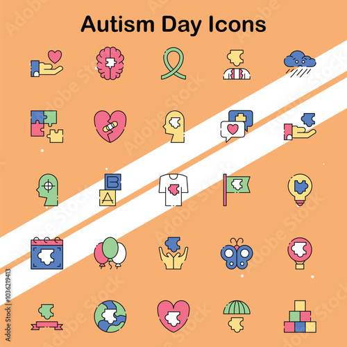 Set of Autism Day icons representing awareness and support for autism spectrum disorders suitable for health and advocacy themes.