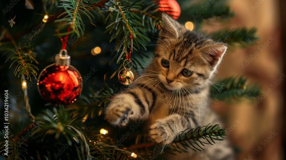 cat playing with christmas ball on a tree inside a house cat playing with christmas ball on a tree inside a house