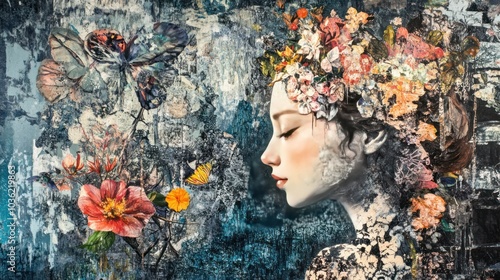 A woman with closed eyes, surrounded by blooming flowers and butterflies, with a floral crown on her head.