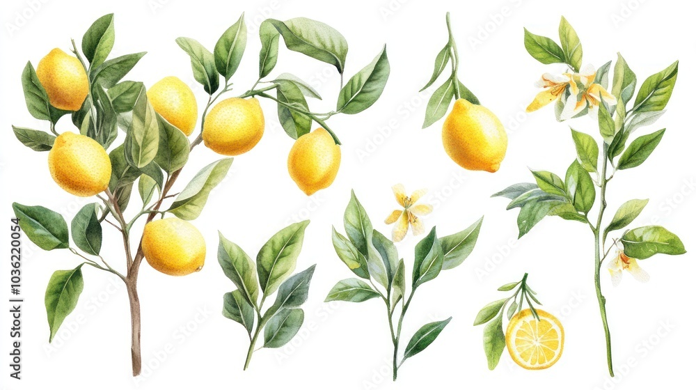 A collection of lemon branches with fruits and flowers, showcasing botanical illustrations. A collection of lemon branches with fruits and flowers, showcasing botanical illustrations.