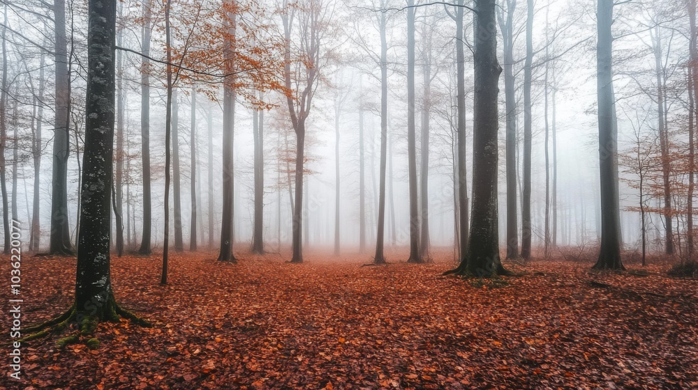 Fototapeta premium A tranquil forest comes alive on a foggy autumn morning, with tall trees shrouded in mist and a vibrant carpet of orange and brown leaves covering the ground, creating a peaceful atmosphere.