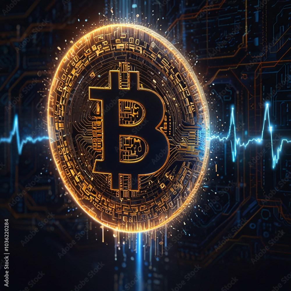 Cryptocurrency Bitcoin with Glowing Digital Elements, for blockchain and fintech branding, crypto trading platforms, digital economy blogs, ICO campaigns Cryptocurrency Bitcoin with Glowing Digital Elements, for blockchain and fintech branding, crypto trading platforms, digital economy blogs, ICO campaigns