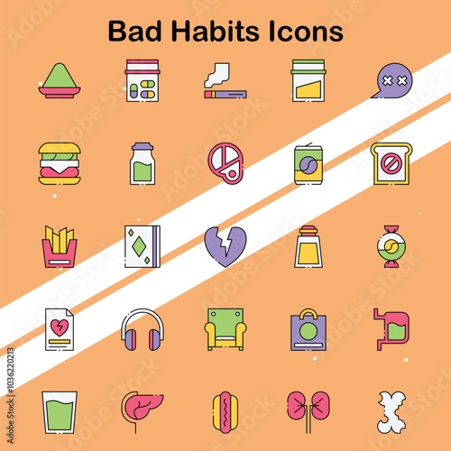 Collection of bad habits icons depicting various negative behaviors and their impacts suitable for health and lifestyle themes.