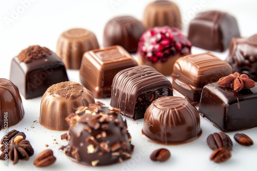 Assorted filled chocolate candies on a white background, with full depth of field, highlighting the glossy finishes and rich fillings