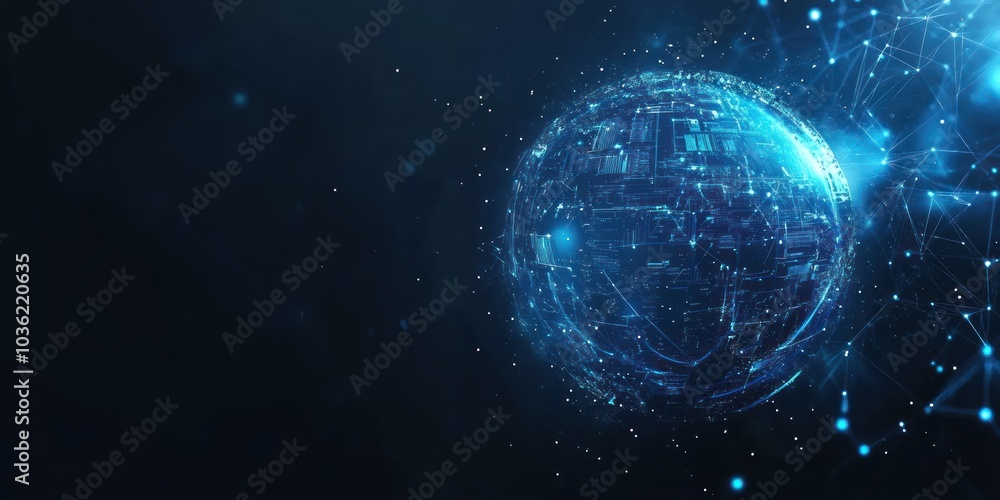 Abstract glowing blue digital globe with connected lines and dots on dark background. Abstract glowing blue digital globe with connected lines and dots on dark background.