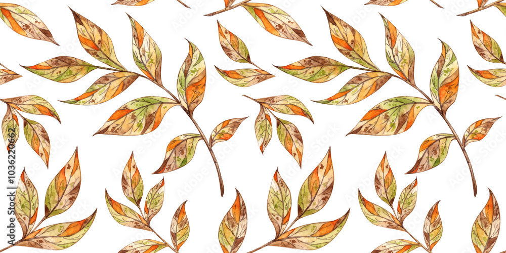 Autumn leaves on a branch pattern watercolor illustration in brown, orange, yellow and green colors. Botanical decoration for Thanksgiving, Halloween, Fall Harvest Festival. Seasonal design isolated Autumn leaves on a branch pattern watercolor illustration in brown, orange, yellow and green colors. Botanical decoration for Thanksgiving, Halloween, Fall Harvest Festival. Seasonal design isolated